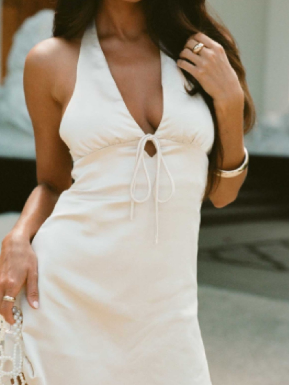 Princess Polly Cream Halter Tie-Front Mini Dress